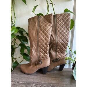 Sylvia Tan Quilted Knee-High Boots with Block Heel – Women’s Size 8
